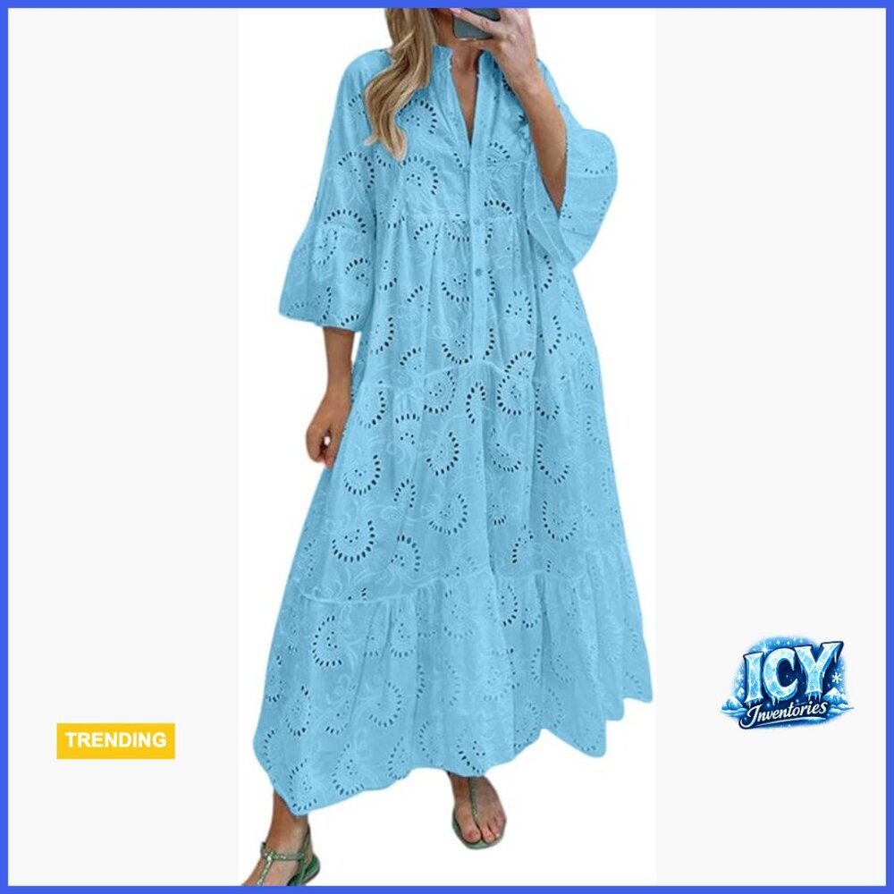 Lace Eyelet Embroidery Maxi Dress V-Neck Trumpet Sleeve Boho Flowy Swing